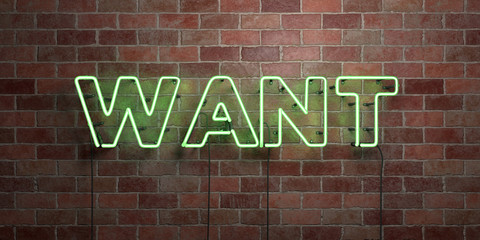 WANT - fluorescent Neon tube Sign on brickwork - Front view - 3D rendered royalty free stock picture. Can be used for online banner ads and direct mailers..