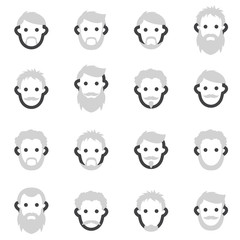 Set of vector icons on the theme of man s beard in a different style, barber, barber shop shaving in the cabin on a light background