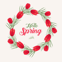 Hello Spring floral frame for text, isolated on white background. Spring template for your design, cards, invitations, posters. Vector illustration.