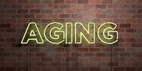AGING - fluorescent Neon tube Sign on brickwork - Front view - 3D rendered royalty free stock picture. Can be used for online banner ads and direct mailers..