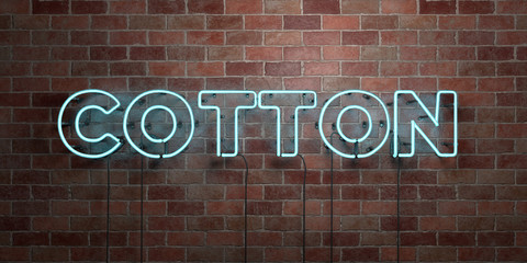 COTTON - fluorescent Neon tube Sign on brickwork - Front view - 3D rendered royalty free stock picture. Can be used for online banner ads and direct mailers..