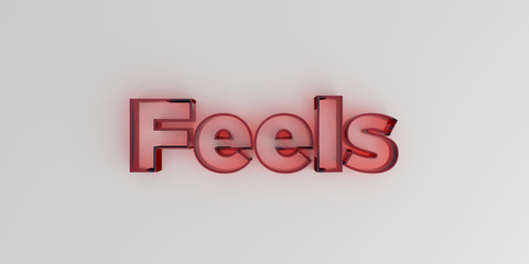 Feels - Red glass text on white background - 3D rendered royalty free stock image.