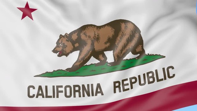 Waving flag of California state against blue sky. Seamless loop 4K clip