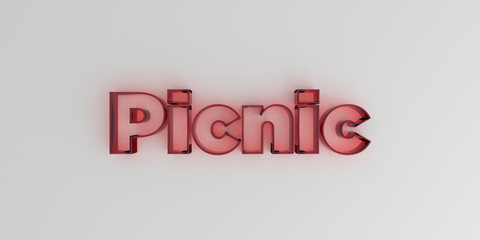 Picnic - Red glass text on white background - 3D rendered royalty free stock image.