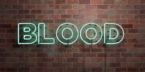 BLOOD - fluorescent Neon tube Sign on brickwork - Front view - 3D rendered royalty free stock picture. Can be used for online banner ads and direct mailers..