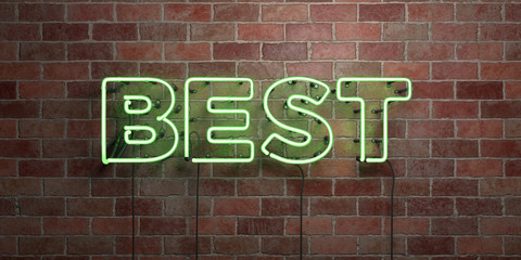 Fototapeta premium BEST - fluorescent Neon tube Sign on brickwork - Front view - 3D rendered royalty free stock picture. Can be used for online banner ads and direct mailers..