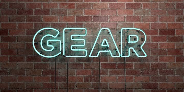 GEAR - fluorescent Neon tube Sign on brickwork - Front view - 3D rendered royalty free stock picture. Can be used for online banner ads and direct mailers..