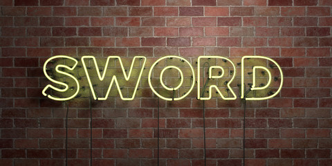 SWORD - fluorescent Neon tube Sign on brickwork - Front view - 3D rendered royalty free stock picture. Can be used for online banner ads and direct mailers..