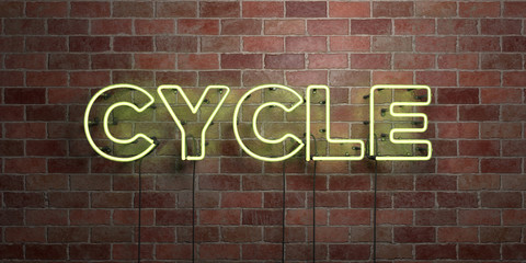 Obraz premium CYCLE - fluorescent Neon tube Sign on brickwork - Front view - 3D rendered royalty free stock picture. Can be used for online banner ads and direct mailers..