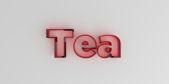 Tea - Red glass text on white background - 3D rendered royalty free stock image.