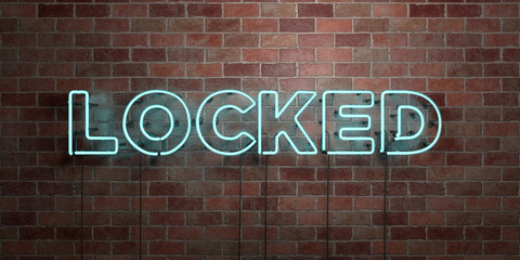 Fototapeta na wymiar LOCKED - fluorescent Neon tube Sign on brickwork - Front view - 3D rendered royalty free stock picture. Can be used for online banner ads and direct mailers..