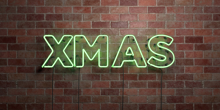 XMAS - fluorescent Neon tube Sign on brickwork - Front view - 3D rendered royalty free stock picture. Can be used for online banner ads and direct mailers..