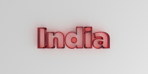 India - Red glass text on white background - 3D rendered royalty free stock image.