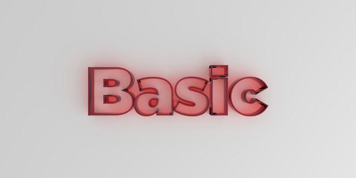 Basic - Red glass text on white background - 3D rendered royalty free stock image.