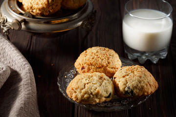 Homemade cookies with a cup of milk, close view.