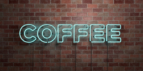 Fototapeta na wymiar COFFEE - fluorescent Neon tube Sign on brickwork - Front view - 3D rendered royalty free stock picture. Can be used for online banner ads and direct mailers..