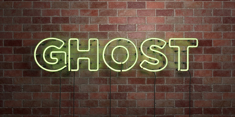 GHOST - fluorescent Neon tube Sign on brickwork - Front view - 3D rendered royalty free stock picture. Can be used for online banner ads and direct mailers..
