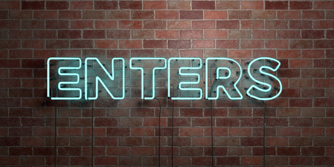 ENTERS - fluorescent Neon tube Sign on brickwork - Front view - 3D rendered royalty free stock picture. Can be used for online banner ads and direct mailers..