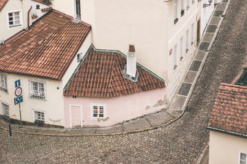 Traditional Czech unusual beautiful house on Cerninska street in Hradcany district of Prague - the...