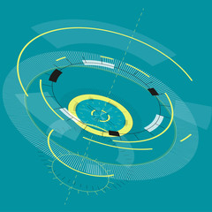 Abstract round high-tech mandala with circles. Space Time machine. Transparent fill up screen or monitor. Isometric central sight of wheels. Subtle mechanical bizarre clock gear on blue. Master vector