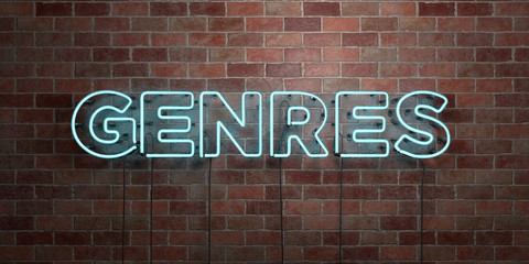 GENRES - fluorescent Neon tube Sign on brickwork - Front view - 3D rendered royalty free stock picture. Can be used for online banner ads and direct mailers..
