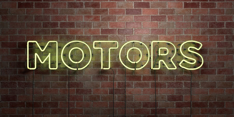 MOTORS - fluorescent Neon tube Sign on brickwork - Front view - 3D rendered royalty free stock picture. Can be used for online banner ads and direct mailers..