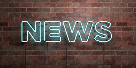 NEWS - fluorescent Neon tube Sign on brickwork - Front view - 3D rendered royalty free stock picture. Can be used for online banner ads and direct mailers..