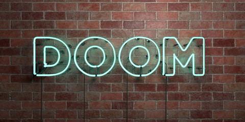 DOOM - fluorescent Neon tube Sign on brickwork - Front view - 3D rendered royalty free stock picture. Can be used for online banner ads and direct mailers..