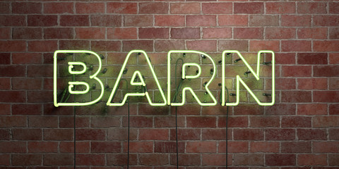 BARN - fluorescent Neon tube Sign on brickwork - Front view - 3D rendered royalty free stock picture. Can be used for online banner ads and direct mailers..