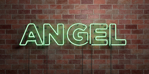 Fototapeta na wymiar ANGEL - fluorescent Neon tube Sign on brickwork - Front view - 3D rendered royalty free stock picture. Can be used for online banner ads and direct mailers..