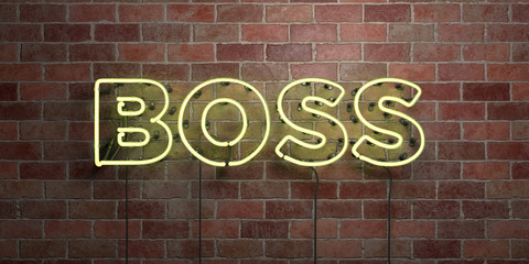 BOSS - fluorescent Neon tube Sign on brickwork - Front view - 3D rendered royalty free stock picture. Can be used for online banner ads and direct mailers..