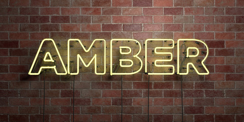 AMBER - fluorescent Neon tube Sign on brickwork - Front view - 3D rendered royalty free stock picture. Can be used for online banner ads and direct mailers..