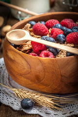 Tasty breakfast with milk and fruit.