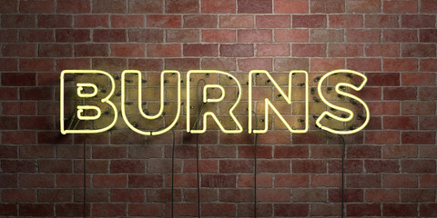 BURNS - fluorescent Neon tube Sign on brickwork - Front view - 3D rendered royalty free stock picture. Can be used for online banner ads and direct mailers..