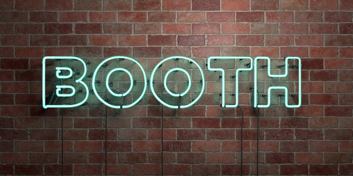BOOTH - fluorescent Neon tube Sign on brickwork - Front view - 3D rendered royalty free stock picture. Can be used for online banner ads and direct mailers..