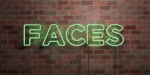 FACES - fluorescent Neon tube Sign on brickwork - Front view - 3D rendered royalty free stock picture. Can be used for online banner ads and direct mailers..