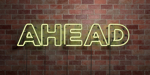 AHEAD - fluorescent Neon tube Sign on brickwork - Front view - 3D rendered royalty free stock picture. Can be used for online banner ads and direct mailers..