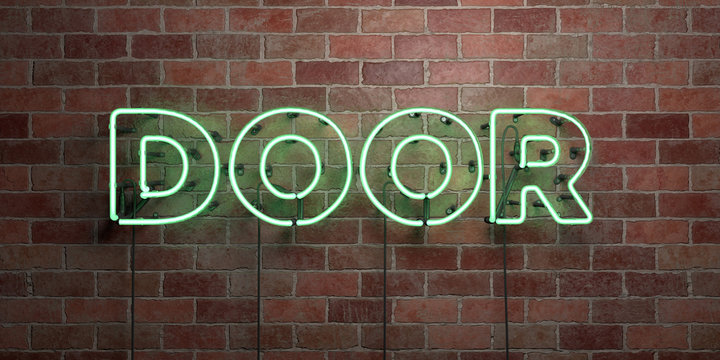 DOOR - fluorescent Neon tube Sign on brickwork - Front view - 3D rendered royalty free stock picture. Can be used for online banner ads and direct mailers..