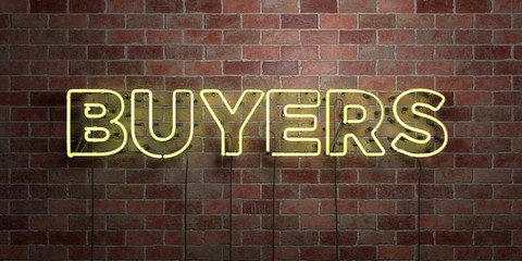 BUYERS - fluorescent Neon tube Sign on brickwork - Front view - 3D rendered royalty free stock picture. Can be used for online banner ads and direct mailers..