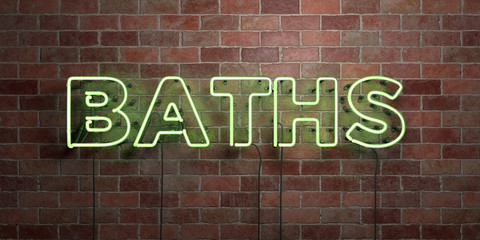 BATHS - fluorescent Neon tube Sign on brickwork - Front view - 3D rendered royalty free stock picture. Can be used for online banner ads and direct mailers..