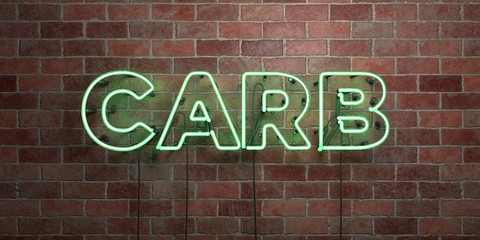 Fototapeta na wymiar CARB - fluorescent Neon tube Sign on brickwork - Front view - 3D rendered royalty free stock picture. Can be used for online banner ads and direct mailers..