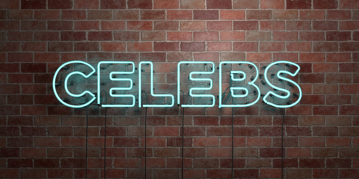 CELEBS - fluorescent Neon tube Sign on brickwork - Front view - 3D rendered royalty free stock picture. Can be used for online banner ads and direct mailers..