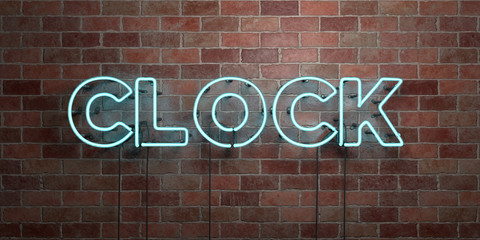 CLOCK - fluorescent Neon tube Sign on brickwork - Front view - 3D rendered royalty free stock picture. Can be used for online banner ads and direct mailers..