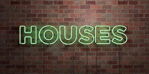 HOUSES - fluorescent Neon tube Sign on brickwork - Front view - 3D rendered royalty free stock picture. Can be used for online banner ads and direct mailers..