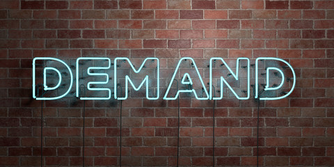 DEMAND - fluorescent Neon tube Sign on brickwork - Front view - 3D rendered royalty free stock picture. Can be used for online banner ads and direct mailers..