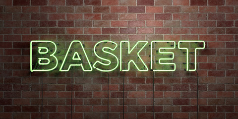 BASKET - fluorescent Neon tube Sign on brickwork - Front view - 3D rendered royalty free stock picture. Can be used for online banner ads and direct mailers..