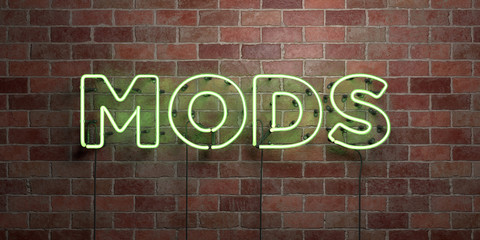 Obraz premium MODS - fluorescent Neon tube Sign on brickwork - Front view - 3D rendered royalty free stock picture. Can be used for online banner ads and direct mailers..