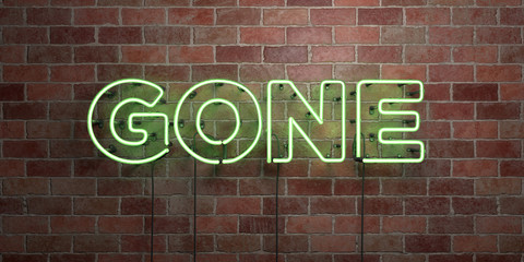 GONE - fluorescent Neon tube Sign on brickwork - Front view - 3D rendered royalty free stock picture. Can be used for online banner ads and direct mailers..
