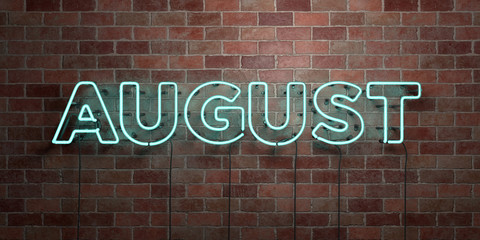 AUGUST - fluorescent Neon tube Sign on brickwork - Front view - 3D rendered royalty free stock picture. Can be used for online banner ads and direct mailers..