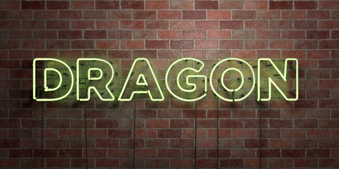 DRAGON - fluorescent Neon tube Sign on brickwork - Front view - 3D rendered royalty free stock picture. Can be used for online banner ads and direct mailers..